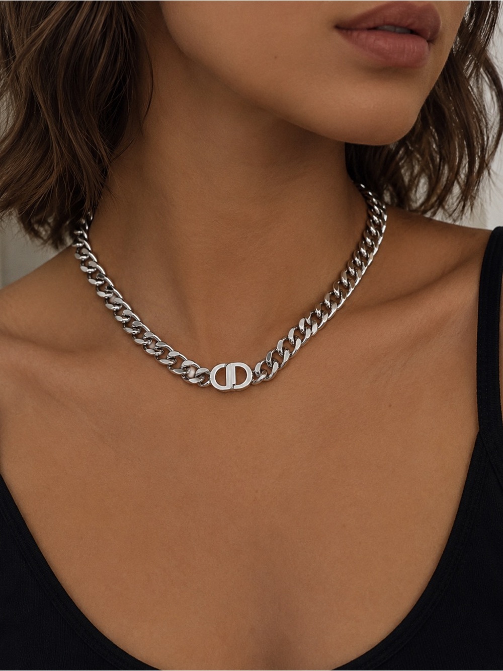 Luxury Silver Tone Chain Necklace with Interlocking Logo Accent NWOT